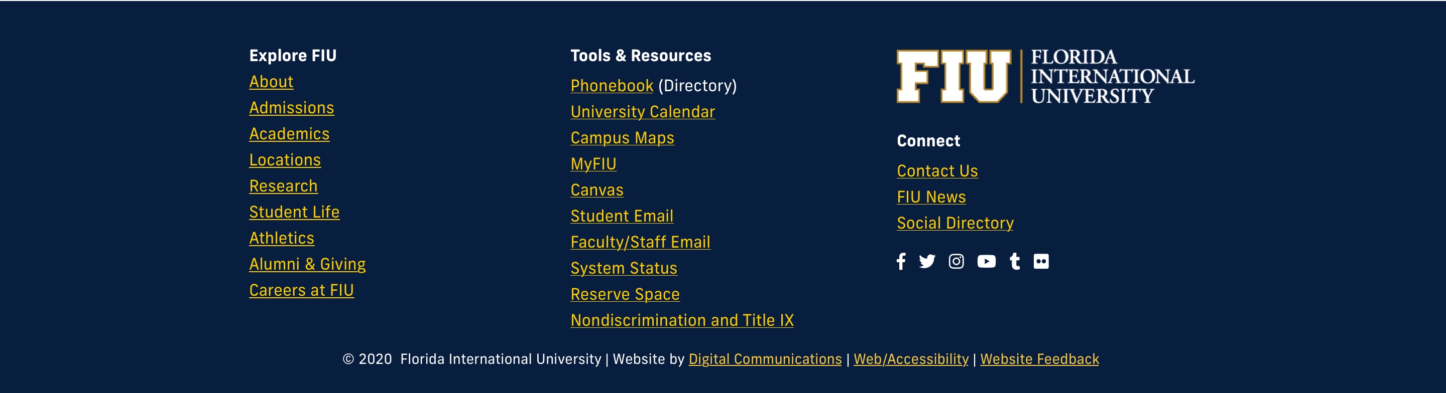 The global footer which is related to the over organization with links to explore FIU, resources or social media. 