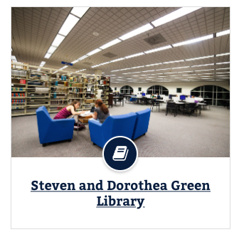 An example of a thumbnail grid component with a photo of the inside of the Green library with a book icon. 
